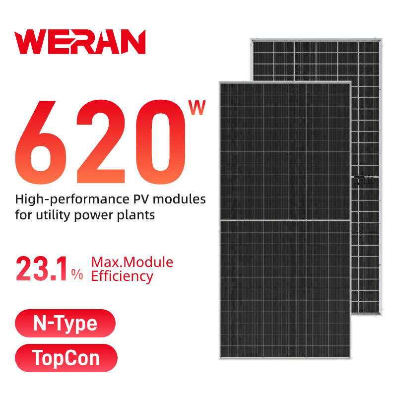 پنل خورشیدی دو وجهی بزرگ WERAN 595-625W – ماژول PV دو شیشه ای OEM برای پروژه های کاربردی، EPC و عمده فروشی